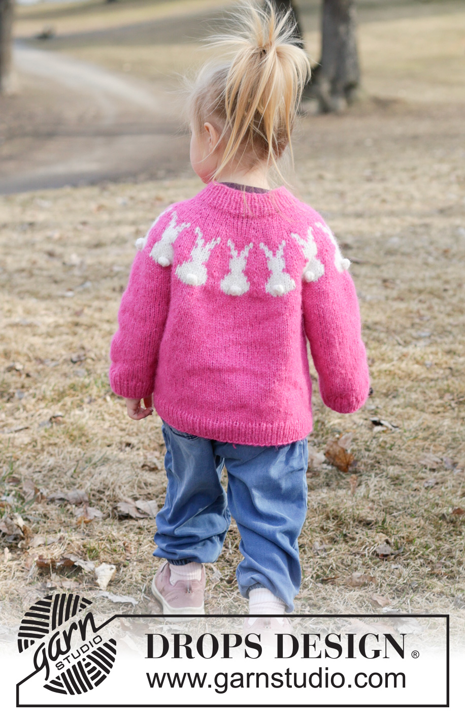 Bunny Bloom / DROPS Children 49-13 - Gebreide trui voor kinderen in DROPS Air. Het werk wordt van boven naar beneden gebreid met ronde pas, veelkleurig patroon en Paashaas. Maten 2 - 14 jaar. Thema: Pasen.
