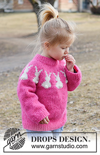Bunny Bloom / DROPS Children 49-13 - Gebreide trui voor kinderen in DROPS Air. Het werk wordt van boven naar beneden gebreid met ronde pas, veelkleurig patroon en Paashaas. Maten 2 - 14 jaar. Thema: Pasen.