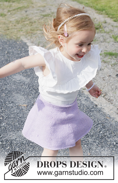 Amethyst Charm / DROPS Children 49-19 - Knitted knee-length skirt for children in DROPS Cotton Merino. The piece is worked top down in stocking stitch. Sizes 2-14 years.
