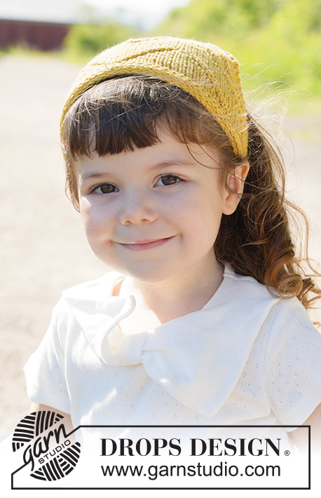 Sunflower Sweetie / DROPS Children 49-23 - Knitted kerchief for children in DROPS Cotton Merino. Piece is knitted back and forth in lace pattern and I-cord.