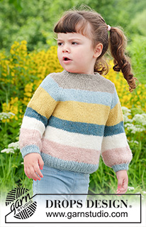 Happy Hue Sweater / DROPS Children 49-5 - Stickad tröja till barn i DROPS Sky. Arbetet stickas uppifrån och ner med raglan och ränder. Storlek 2 - 12 år.