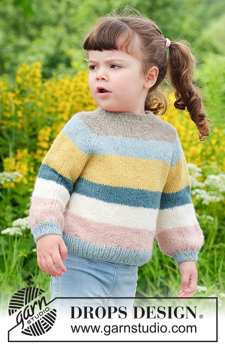 Happy Hue Sweater / DROPS Children 49-5 - Stickad tröja till barn i DROPS Sky. Arbetet stickas uppifrån och ner med raglan och ränder. Storlek 2 - 12 år.