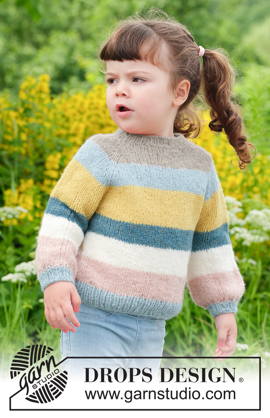 Happy Hue Sweater / DROPS Children 49-5 - Stickad tröja till barn i DROPS Sky. Arbetet stickas uppifrån och ner med raglan och ränder. Storlek 2 - 12 år.