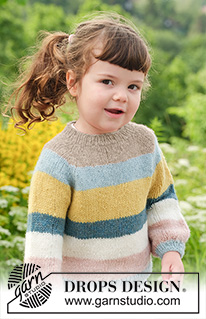 Happy Hue Sweater / DROPS Children 49-5 - Stickad tröja till barn i DROPS Sky. Arbetet stickas uppifrån och ner med raglan och ränder. Storlek 2 - 12 år.