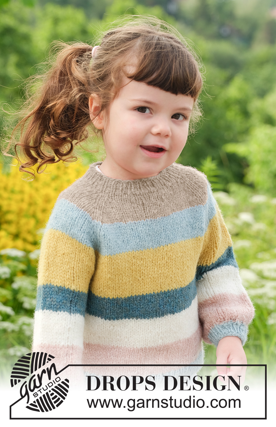 Happy Hue Sweater / DROPS Children 49-5 - Stickad tröja till barn i DROPS Sky. Arbetet stickas uppifrån och ner med raglan och ränder. Storlek 2 - 12 år.
