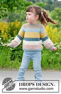 Happy Hue Sweater / DROPS Children 49-5 - Stickad tröja till barn i DROPS Sky. Arbetet stickas uppifrån och ner med raglan och ränder. Storlek 2 - 12 år.