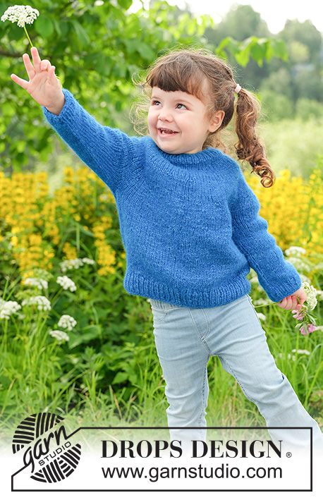 Blue Rush Sweater / DROPS Children 49-6 - Knitted jumper for children in DROPS Air. Piece is knitted top down with round yoke. Size 2 - 12 years