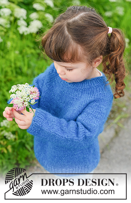 Blue Rush Sweater / DROPS Children 49-6 - Knitted jumper for children in DROPS Air. Piece is knitted top down with round yoke. Size 2 - 12 years