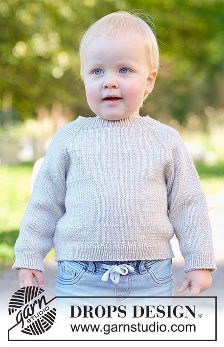 Gentle Day Sweater / DROPS Children 49-7 - Jersey a punto para niños en DROPS Merino Extra Fine. La labor está realizada en punto jersey, de arriba abajo con raglán. Tallas 2-14 años.