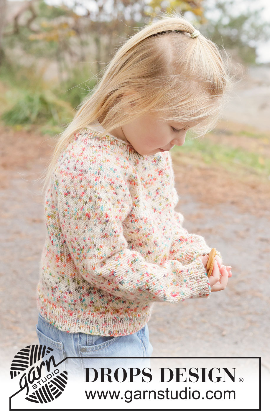 Sunset Sprinkles Sweater / DROPS Children 50-13 - Kötött pulóver gyerekeknek DROPS Fiesta fonalból. A darabot fentről lefelé haladva kötjük, harisnyakötéssel és kerek vállrésszel. 2 - 14 éveseknek való méretekben