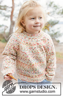 Sunset Sprinkles Sweater / DROPS Children 50-13 - Kötött pulóver gyerekeknek DROPS Fiesta fonalból. A darabot fentről lefelé haladva kötjük, harisnyakötéssel és kerek vállrésszel. 2 - 14 éveseknek való méretekben