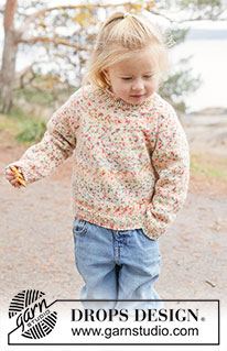 Sunset Sprinkles Sweater / DROPS Children 50-13 - Kötött pulóver gyerekeknek DROPS Fiesta fonalból. A darabot fentről lefelé haladva kötjük, harisnyakötéssel és kerek vállrésszel. 2 - 14 éveseknek való méretekben