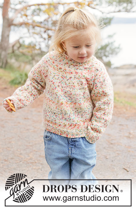 Sunset Sprinkles Sweater / DROPS Children 50-13 - Kötött pulóver gyerekeknek DROPS Fiesta fonalból. A darabot fentről lefelé haladva kötjük, harisnyakötéssel és kerek vállrésszel. 2 - 14 éveseknek való méretekben