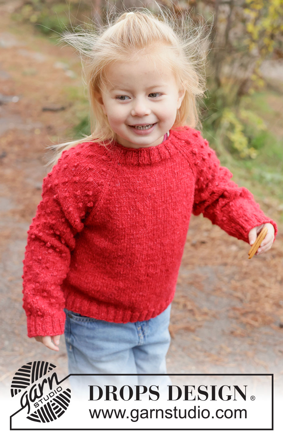Cherry Pop Sweater / DROPS Children 50-14 - Jersey a punto para niños en DROPS Sky. La labor se trabaja de arriba abajo en punto jersey con raglán y motas. Tallas 2 - 14 años.
