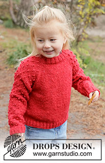 Cherry Pop Sweater / DROPS Children 50-14 - Jersey a punto para niños en DROPS Sky. La labor se trabaja de arriba abajo en punto jersey con raglán y motas. Tallas 2 - 14 años.
