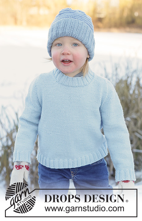 Polar Playtime Sweater / DROPS Children 50-17 - Kötött pulóver és sapka gyerekeknek DROPS Merino Extra Fine fonalból. A darabot fentről lefelé haladva kötjük, harisnyakötéssel és európai vállrésszel. A sapkát körben haladva készítjük, csíkokkal. 2 - 14 éveseknek való méretekben