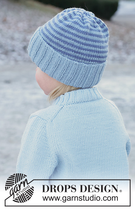 Polar Playtime Sweater / DROPS Children 50-17 - Kötött pulóver és sapka gyerekeknek DROPS Merino Extra Fine fonalból. A darabot fentről lefelé haladva kötjük, harisnyakötéssel és európai vállrésszel. A sapkát körben haladva készítjük, csíkokkal. 2 - 14 éveseknek való méretekben