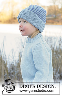 Polar Playtime Sweater / DROPS Children 50-17 - Kötött pulóver és sapka gyerekeknek DROPS Merino Extra Fine fonalból. A darabot fentről lefelé haladva kötjük, harisnyakötéssel és európai vállrésszel. A sapkát körben haladva készítjük, csíkokkal. 2 - 14 éveseknek való méretekben