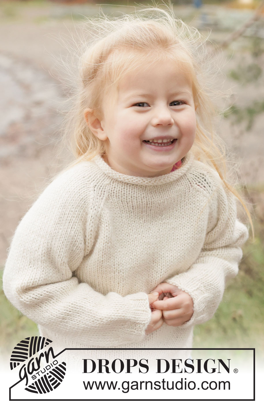 Little Snow Sweater / DROPS Children 50-19 - Kötött pulóver gyerekeknek 2 szál DROPS Alpaca fonalból. A darabot fentről lefelé irányban készítjük, harisnyakötéssel, raglán szabásvonallal és a nyakán pöndörödő széllel 2 - 14 éveseknek való méretekben