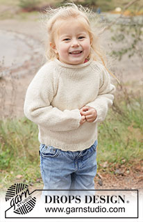Little Snow Sweater / DROPS Children 50-19 - Kötött pulóver gyerekeknek 2 szál DROPS Alpaca fonalból. A darabot fentről lefelé irányban készítjük, harisnyakötéssel, raglán szabásvonallal és a nyakán pöndörödő széllel 2 - 14 éveseknek való méretekben
