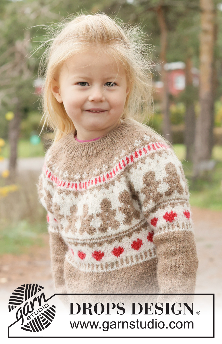 Cookie Parade Sweater / DROPS Children 50-2 - Dětský pulovr s kruhovým sedlem a vícebarevným vzorem s perníčky a srdíčky pletený shora dolů z příze DROPS Sky. Velikosti: 2 - 14 let.