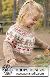 Cookie Parade Sweater / DROPS Children 50-2 - Dětský pulovr s kruhovým sedlem a vícebarevným vzorem s perníčky a srdíčky pletený shora dolů z příze DROPS Sky. Velikosti: 2 - 14 let.
