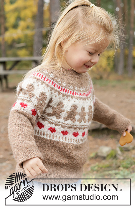 Cookie Parade Sweater / DROPS Children 50-2 - Dětský pulovr s kruhovým sedlem a vícebarevným vzorem s perníčky a srdíčky pletený shora dolů z příze DROPS Sky. Velikosti: 2 - 14 let.