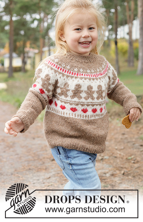 Cookie Parade Sweater / DROPS Children 50-2 - Dětský pulovr s kruhovým sedlem a vícebarevným vzorem s perníčky a srdíčky pletený shora dolů z příze DROPS Sky. Velikosti: 2 - 14 let.
