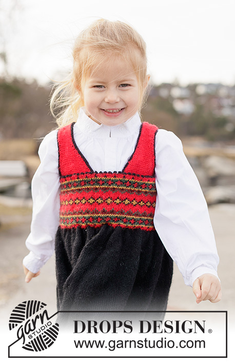 Tiny Traditions / DROPS Children 50-24 - Dětské a baby šaty ke slavnostním příležitostem s norským vzorem pletené shora dolů z příze DROPS Alpaca. Velikost 6 měsíců – 6 let.