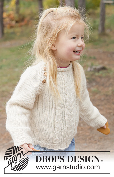 Creamy Comfort Sweater / DROPS Children 50-8 - Knitted jumper for children in 2 strands DROPS Alpaca. The piece is worked top down with raglan, cables and rolled neck. Sizes 2 - 14 years.