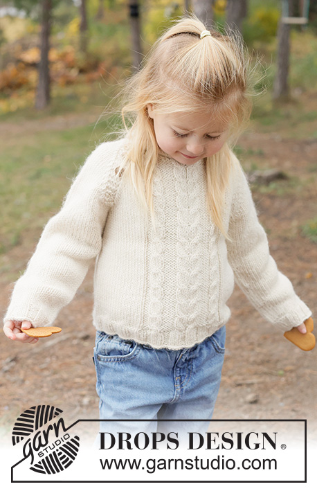 Creamy Comfort Sweater / DROPS Children 50-8 - Knitted jumper for children in 2 strands DROPS Alpaca. The piece is worked top down with raglan, cables and rolled neck. Sizes 2 - 14 years.