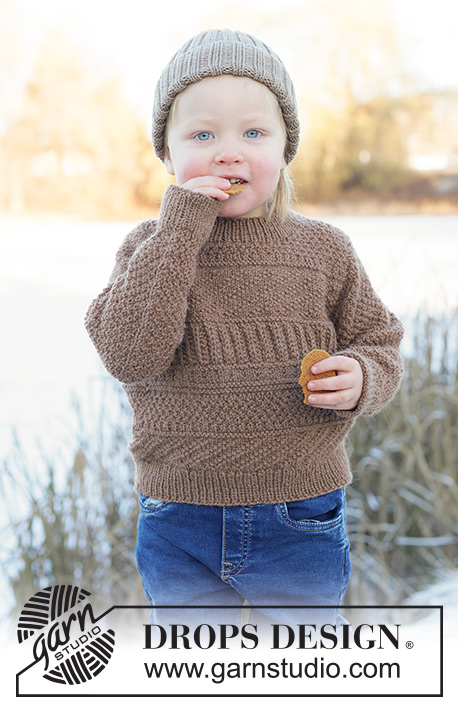 Woodland Wander Sweater / DROPS Children 50-9 - Pull et bonnet tricotés pour enfant en DROPS Lima. Le pull se tricote de haut en bas, avec épaules européennes / épaules biaisées et point fantaisie relief. Le bonnet se tricote en rond, en côtes. Du 2 au 14 ans.