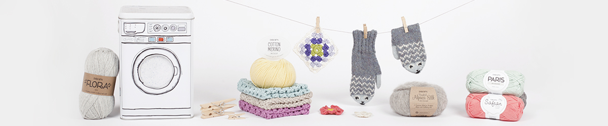 Washing machine yarn and and mittens hanging