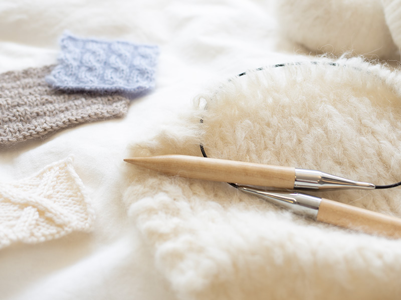 Knitted swatches and birch circular needles