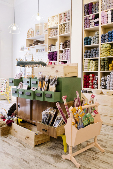 Shelves with yarn and drawers with needles