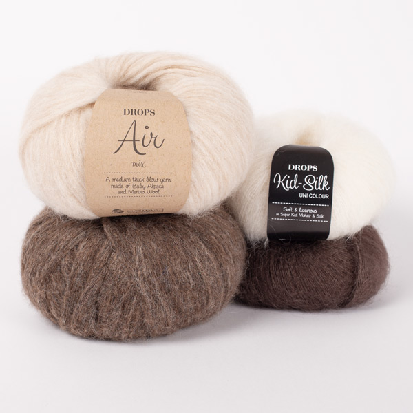 Swatch of DROPS Air 02, grano 
											+ DROPS Air 05, marrone + DROPS Kid-Silk 01, panna + DROPS Kid-Silk 15, marrone scuro