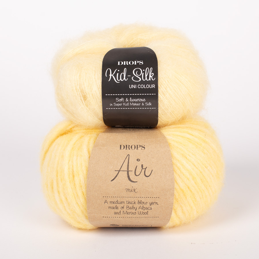 Swatch of DROPS Air 40, lemonade 
											+ DROPS Kid-Silk 52, lemonade