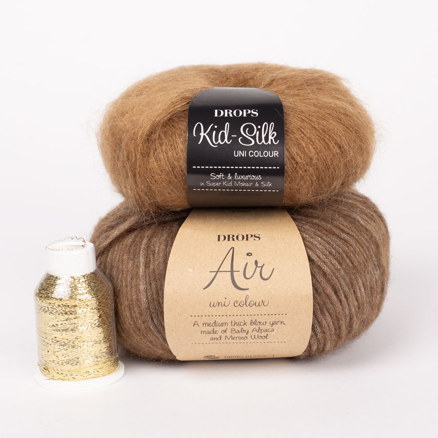 Yarn combinations skeins of DROPS Air 49, acorn 
											+ DROPS Glitter 01, gold + DROPS Kid-Silk 51, toffee