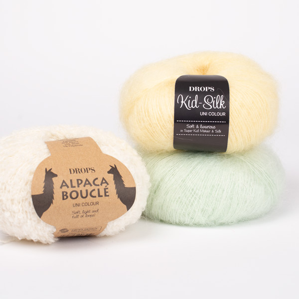 Yarn combinations skeins of DROPS Alpaca Bouclé 0100, off white 
											+ DROPS Kid-Silk 47, pistachio ice cream + DROPS Kid-Silk 52, lemonade