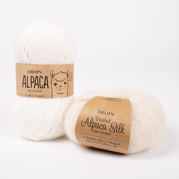 Swatch of DROPS Alpaca 101, hvítur 
											+ DROPS Brushed Alpaca Silk 01, natur