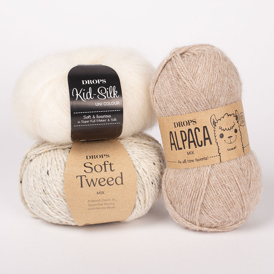 Yarn combinations skeins of DROPS Alpaca 2020, light nougat 
											+ DROPS Kid-Silk 01, off white + DROPS Soft Tweed 22, marble dreams