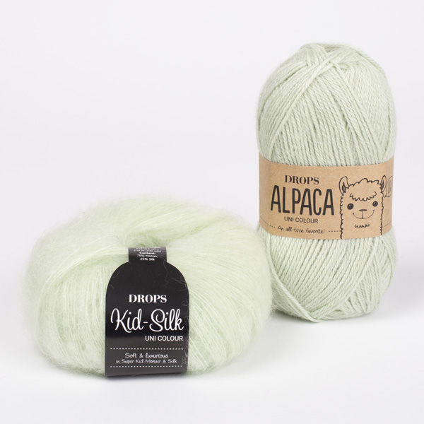Swatch of DROPS Alpaca 9030, pistasíuís 
											+ DROPS Kid-Silk 47, pistasíuís