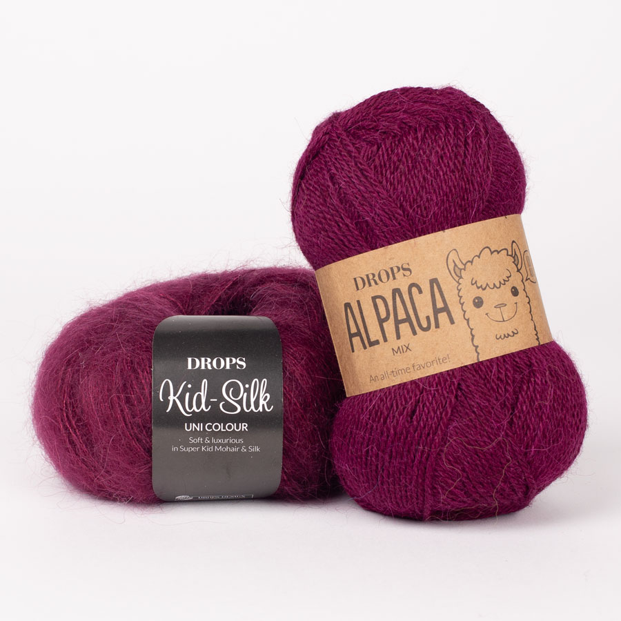 Yarn combinations skeins of DROPS Alpaca 9045, ruby wine 
											+ DROPS Kid-Silk 69, ruby wine