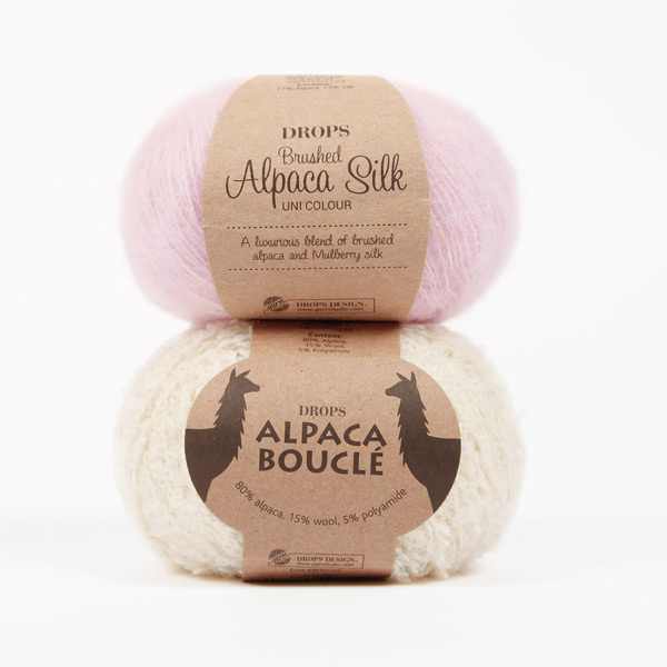 Yarn combinations skeins of DROPS Alpaca Bouclé 0100, off white 
											+ DROPS Brushed Alpaca Silk 12, powder pink