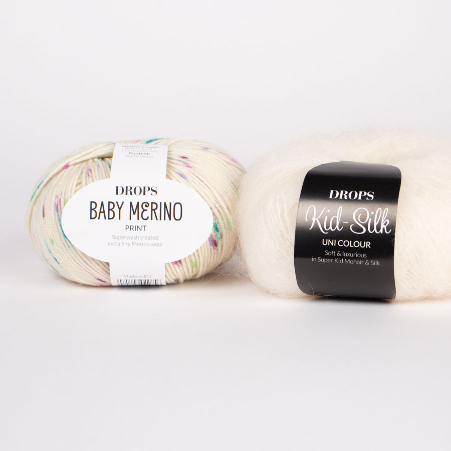 Yarn combinations skeins of DROPS Baby Merino 101, jagody & śmietanka 
											+ DROPS Kid-Silk 01, ecru