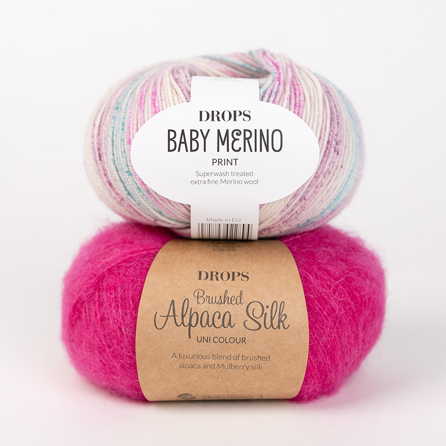 Yarn combinations skeins of DROPS Baby Merino 105, magic meringue 
											+ DROPS Brushed Alpaca Silk 18, cerise