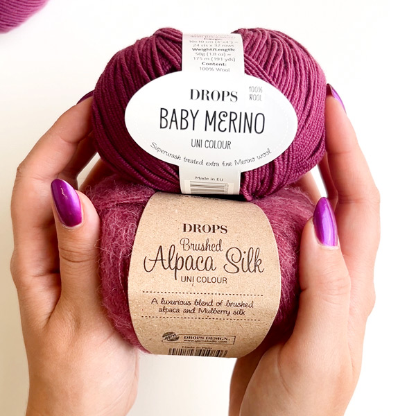 Yarn combinations skeins of DROPS Baby Merino 34, lyng 
											+ DROPS Brushed Alpaca Silk 08, lyng
