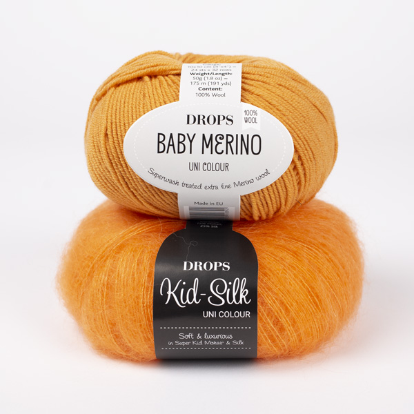 Yarn combinations skeins of DROPS Baby Merino 36, laranja eléctrico 
											+ DROPS Kid-Silk 49, laranja eléctrico