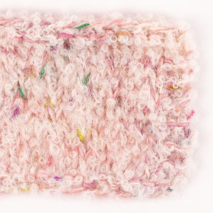 Swatch of DROPS Alpaca Bouclé 0100, off white 
														+ DROPS Fabel 927, lavender field + DROPS Kid-Silk 46, cherry sorbet