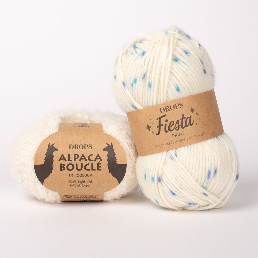 Swatch of DROPS Alpaca Bouclé 0100, naturel 
											+ DROPS Fiesta 42, ijskristallen